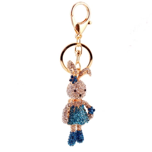 Creative cartoon rabbit keychain with blue and white rhinestones and golden D-ring