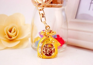 Detailed macro view of a golden money bag keychain featuring an engraved character