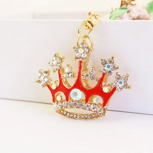Creative crown car keychain with red enamel finish and sparkling crystal rhinestones