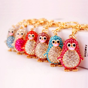 Cute cartoon penguin metal keychains with sparkling rhinestones in multiple colors