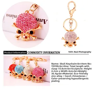 Detailed view of colorful rhinestone skull keychains with metal alloy clips and dimensions