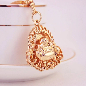 Chinese Style Lucky Maitreya Buddha Keychain Alloy Rhinestone Gold Plated Laughing Buddha Keyring Car Bag Pendant Decoration