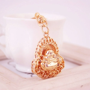 Golden Laughing Buddha keychain with intricate filigree details for good luck and wealth