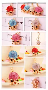 Dettagli di portachiavi a forma di teschio con strass scintillanti in vari colori e chiusura dorata