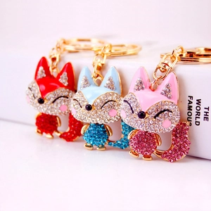 Cute Fox Keychain Rhinestone Zinc Alloy Animal Bag Charm Pendant Enamel Drip Oil Key Ring Fashion Jewelry Gift For Women