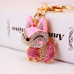 Cute pink fox keychain with sparkling rhinestones and golden metal ring for bags