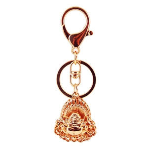 Golden Maitreya Buddha keychain pendant made of polished metal with lobster clasp