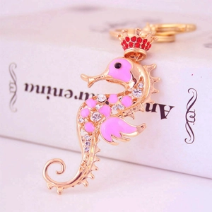 Porte-clés Hippocampe Couronne en Émail Alliage de Zinc Strass Pendentif Animal Marin Anneau pour Femmes Enfants Bijoux de Sac