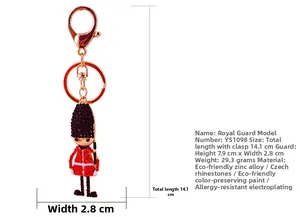 Detailed size specifications for the British Royal Guard rhinestone keychain charm