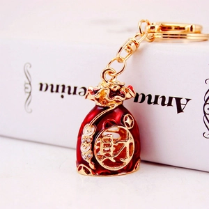 Vintage Zinc Alloy Enamel Lucky Bag Keychain For Women Rhinestone Money Bag Key Ring Pendant Bag Charm Wealth Fortune Jewelry Gift