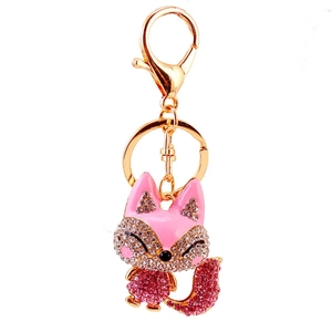 Cute pink fox keychain with glittering crystals and gold alloy ring for bags