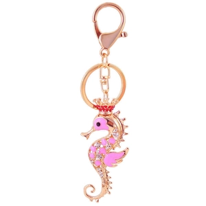 Porte-clés hippocampe rose avec placage en or rose, émail et strass brillants