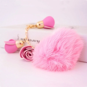 Fashion Creative Cowhide Leather Rose Flower Faux Fur Ball Keychain Bag Charm With Rhinestone Electroplated Metal Chain For Women Gift