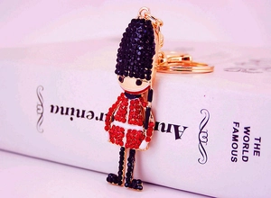 Detail of British Royal Guard keychain featuring sparkling rhinestones on golden metal
