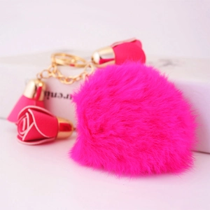 Fashionable rose red plush ball keychain with floral charms and gold metal ring