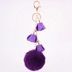Creative purple faux fur pompom keychain with leather flower charms and gold metal ring