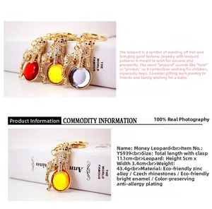 Detail of crystal leopard keychain with gold plating and vibrant rhinestone accents