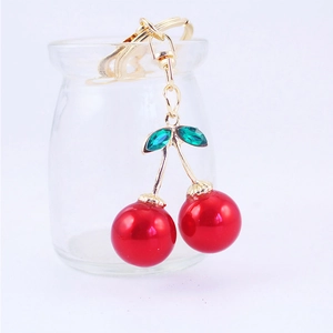 Cute Red Cherry Keychain For Women Bag Accessories Zinc Alloy Green Rhinestone Inlaid Fruit Pendant Gold Plated Key Ring Gift