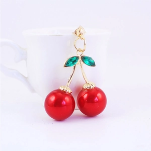 Sparkling crystal red cherry keychain pendant with gold stem and green gem leaves