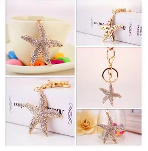 Detailed macro shots of a sparkling starfish keychain with crystals and gold finish