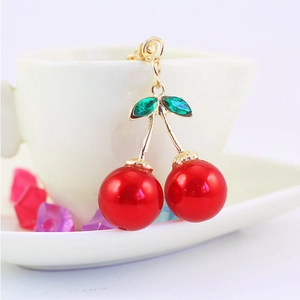 Sparkling crystal red cherry keychain for women bags featuring elegant gold leaf design