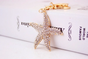 Close-up of sparkling starfish keychain with white rhinestones on golden alloy