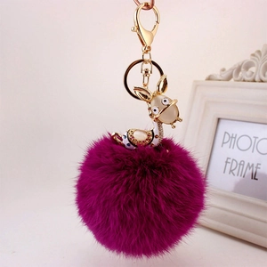 Cute purple plush rabbit fur ball keychain with golden rhinestone deer charm pendant