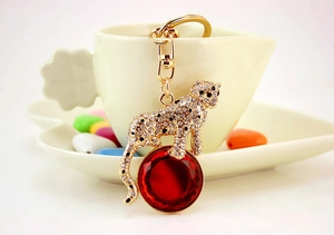 Close-up of golden leopard keychain with rhinestones and a large red faceted gemstone