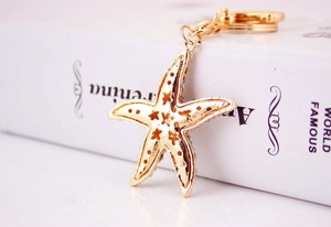 Detailed close-up of golden starfish keychain back with star hollow design and metal ring