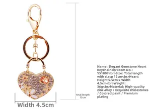 Detail view of 12cm gem flower heart keychain with dimensions 5.5x4.5cm and pink rhinestones