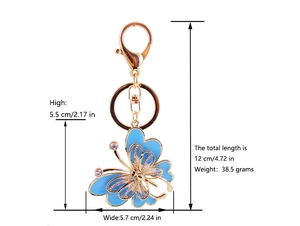 Mesure détaillée de la taille du porte-clés papillon en cristal avec émail bleu