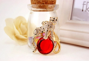 Detailed macro view of leopard keychain featuring sparkling rhinestones and a large red gem