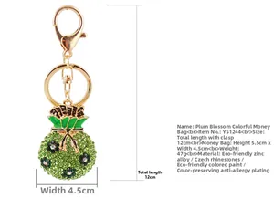 Detailed view of lucky money bag keychain with green crystals and enamel plum blossoms