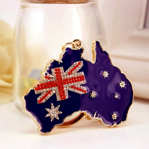 Portachiavi creativo mappa Australia con placcatura in oro, smalto blu e strass