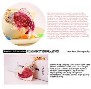 Detailed macro view of the carp keychain featuring red rhinestones and gold plating