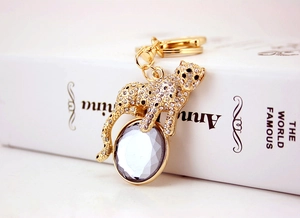 Detailed view of leopard keychain with sparkling rhinestones and a large round crystal gem