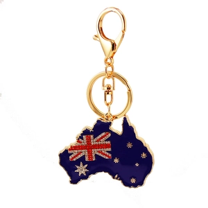 Portachiavi dorato a forma di mappa dell'Australia con smalto blu e strass incastonati