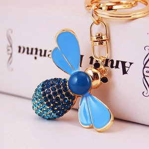 Charming blue crystal bee keychain with rhinestones and golden lobster clasp