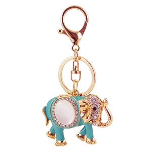 Porte-clés éléphant bleu avec pierre d'opale et strass sur anneau en métal doré poli
