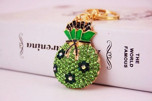 Detail of green crystal money bag keychain with gold frame on an English book