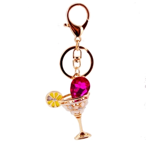 Cocktail glass keychain with pink gemstones and crystal rhinestones for summer bags