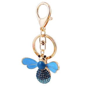 Creative gold bee keychain with blue enamel wings and sparkling crystal rhinestones