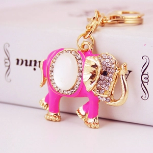 Colorful elephant keychain with rose pink enamel, cat eye stone and crystal rhinestones