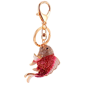 Creative fish keychain with silver and red rhinestones on a gold metal lobster clasp