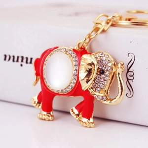 Creative red elephant keychain with opal stone and sparkling rhinestones in gold plating