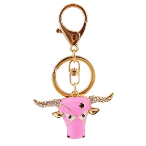 Pink enamel bull head keychain with sparkling rhinestones and golden lobster clasp