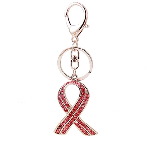 Porte-clés ruban rose avec strass et placage or rose pour sensibilisation au cancer