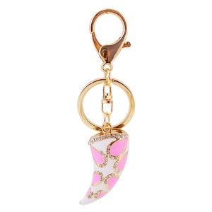 Creative horn instrument keychain with pink enamel and rhinestones on gold metal base