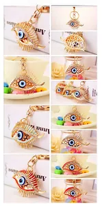 Macro detail of Evil Eye keychains with sparkling rhinestones and golden eyelashes