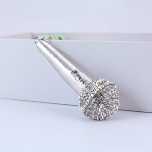 Sparkling rhinestone microphone keychain pendant with silver metal and colorful stones